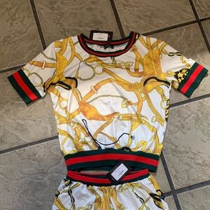 Girls White & Gold Chain-Print Knit Top with Green-Red Trim